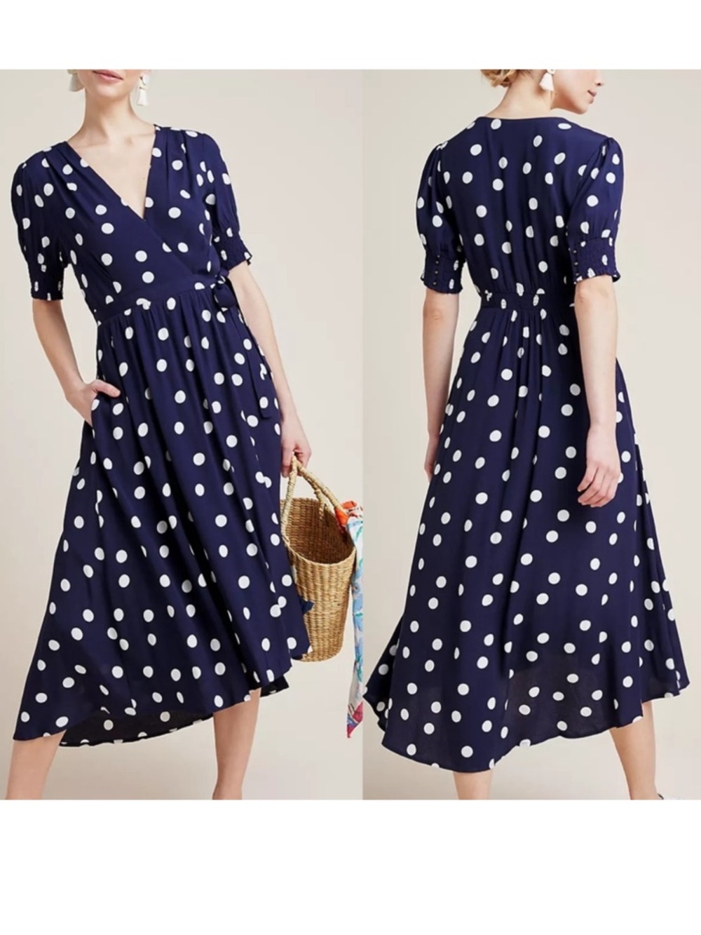Maeve Anthropologie Polka Dot Wrap Midi Dress Navy White Ruffle Detail Size 6P